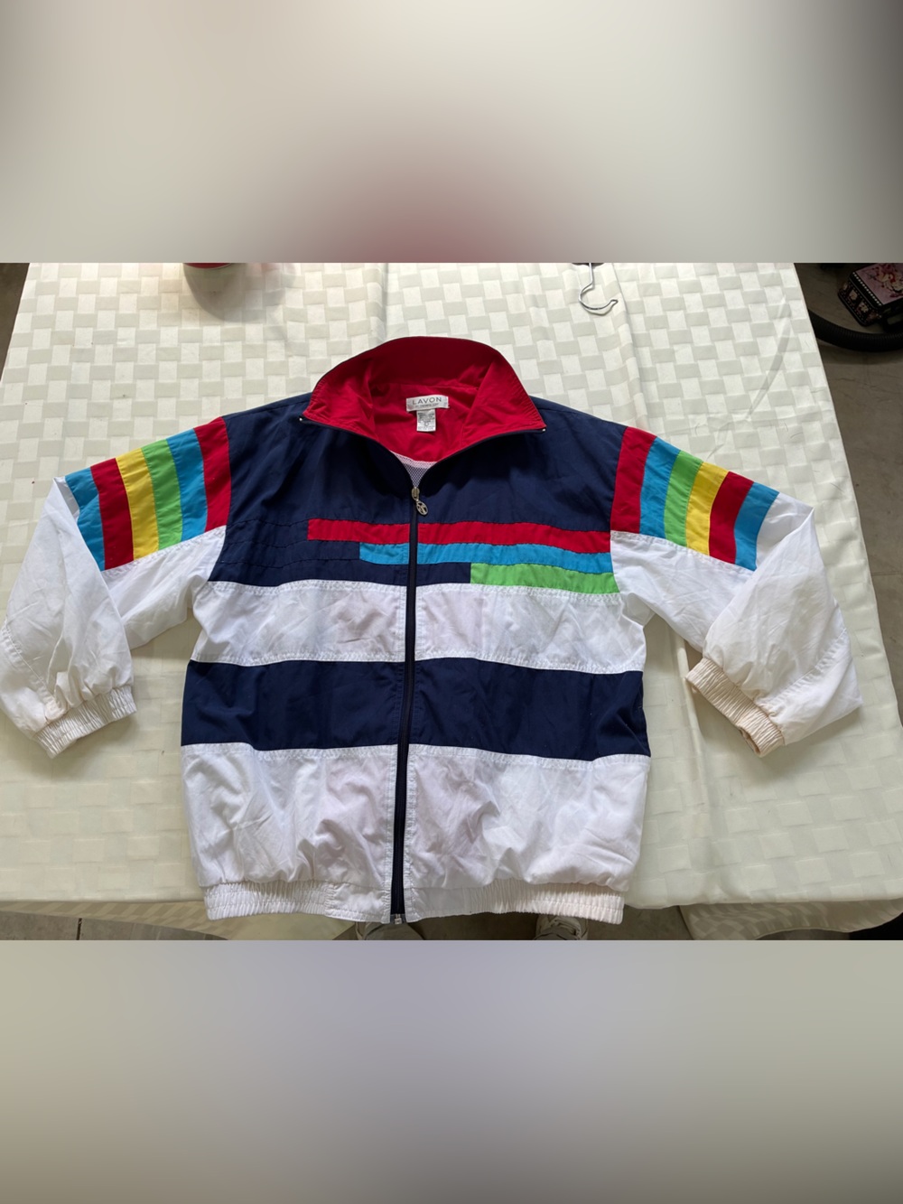 Retro Lavon White Navy Windbreaker Jacket with Rainbow Stripes